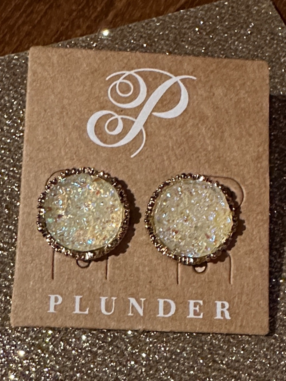 Plunder Gold-Tone Iridescent Cream Druzy Stud Earrings